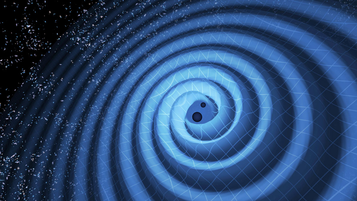 Illustration de la fusion de deux trous noirs et les ondes gravitationnelles qui se propagent vers l’extérieur