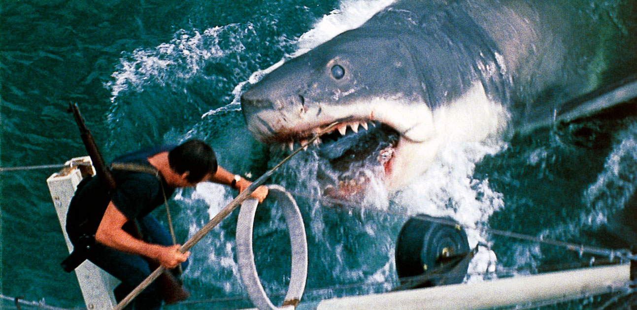Image du film montrant le requin attaquant le bateau et le héros Martin Brody (Jaws, de S. Spielberg, 1975) © Universal - Zanuck-Brown / Collection ChristopheL