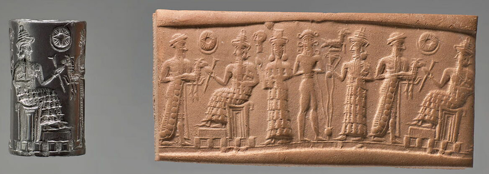 Présentation d’un chevreau à un dieu trônant à côté d’une déesse (première moitié du IIe millénaire). 