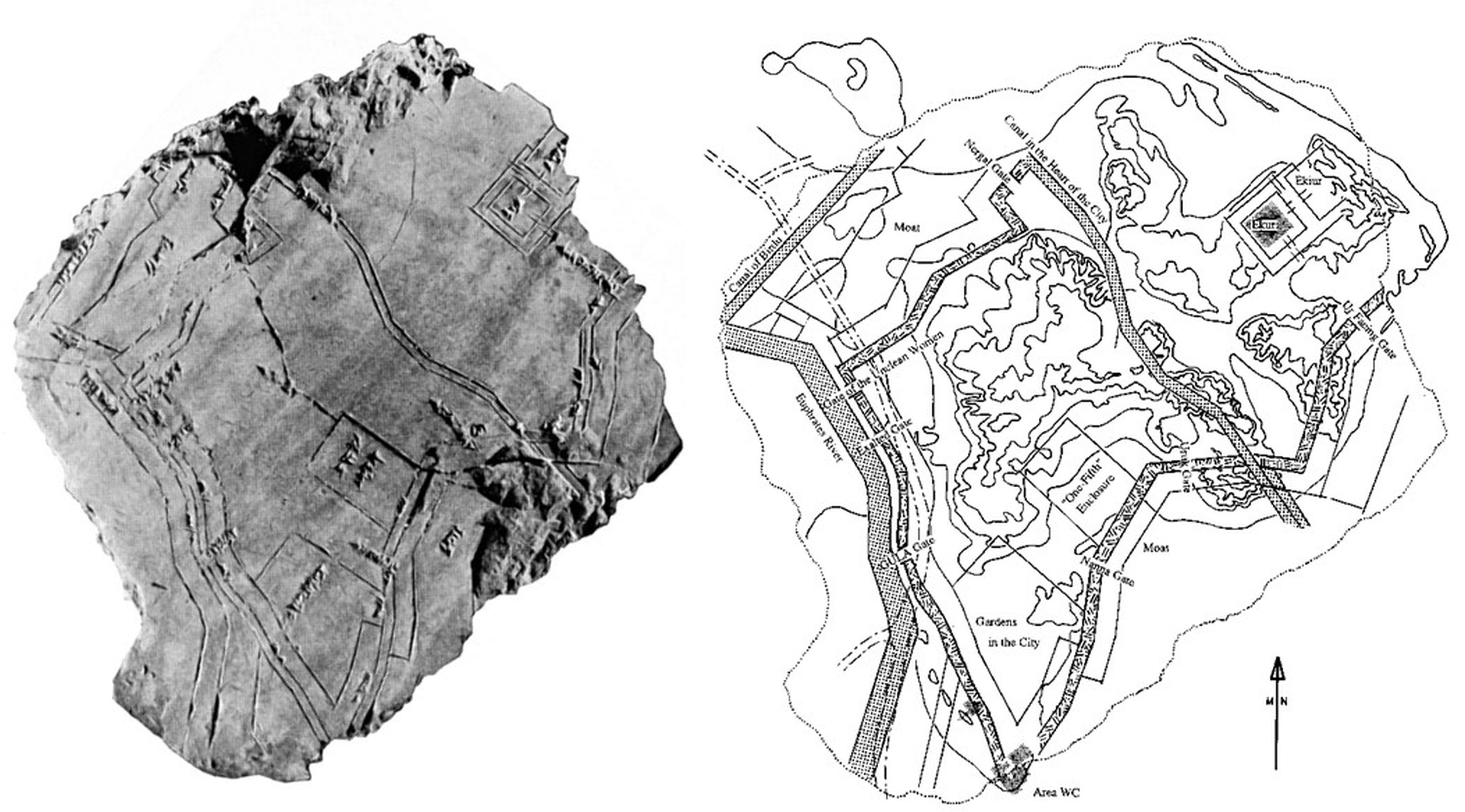 Carte de Nippur et superposition de l’ancienne carte de Nippur sur le plan topographique moderne du site 