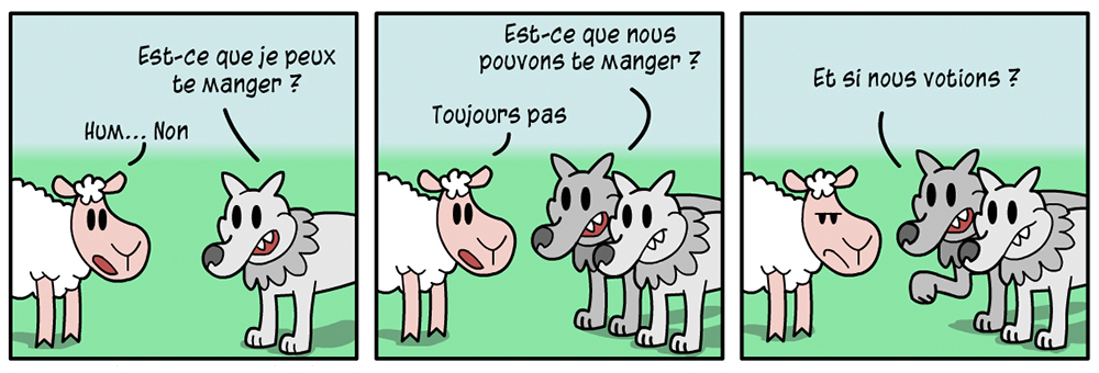BD en trois cases, avec 1 mouton, et 1 puis 2 loups © Redpanels.com