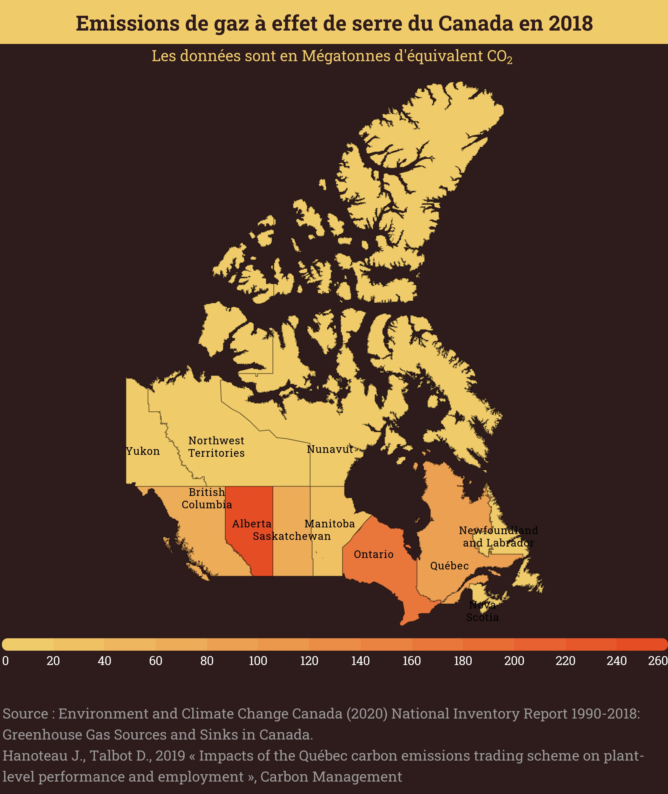 carte montrant les émissions de gaz à effet de serre du Canada par région