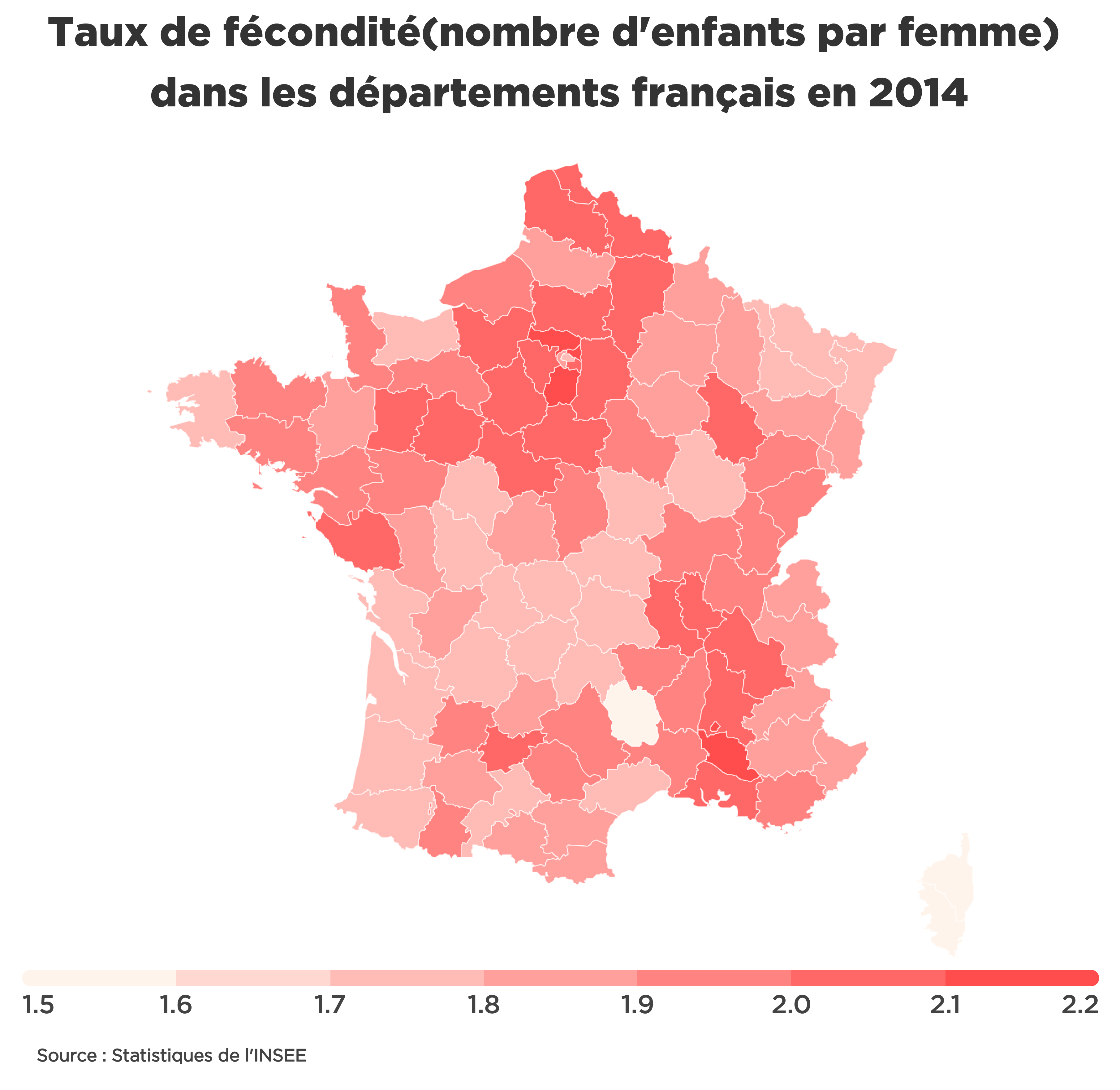 Infographie montrant différents taux de fécondité selon les départements