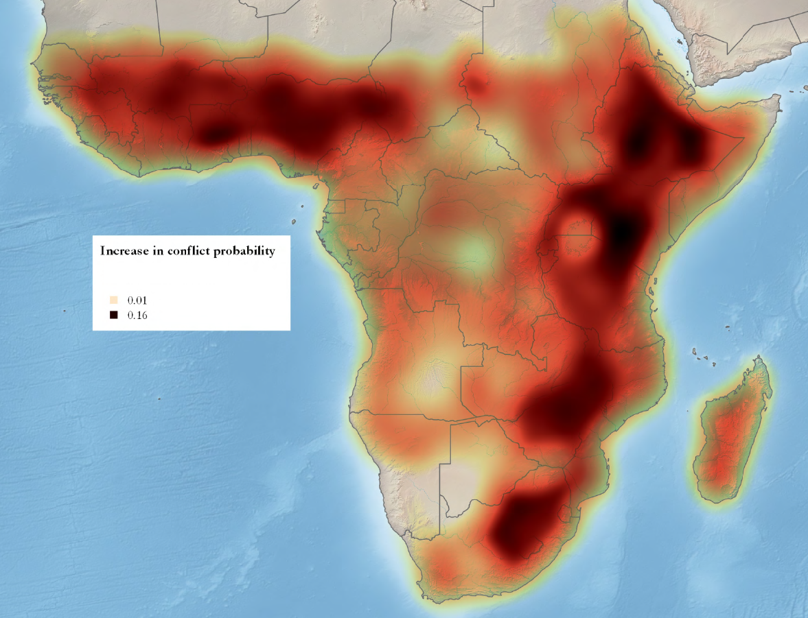  carte montrant des probabilités accrues de conflits dans les zones où l'hétérogénéité de la fertilité des terres est importante 