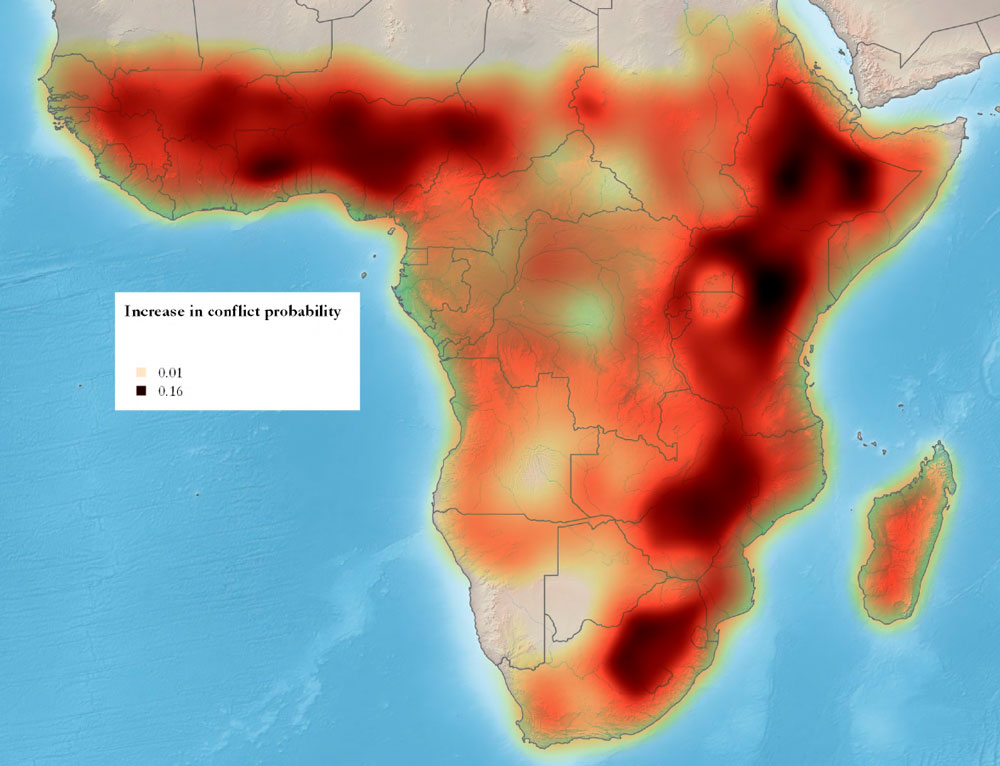 Carte montrant des probabilités accrues de conflits dans les zones où l'hétérogénéité de la fertilité des terres est importante 