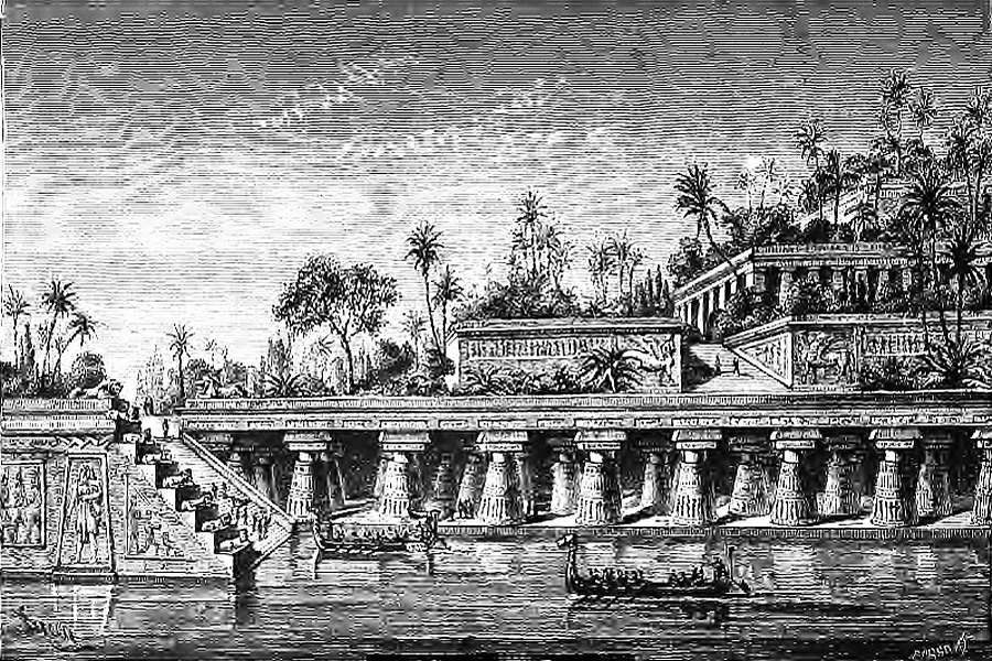 Les jardins de Babylone, gravure sur bois de Sidney Barclay, reproduite dans Augé de Lassus, Voyage aux Sept merveilles du monde, 1880.