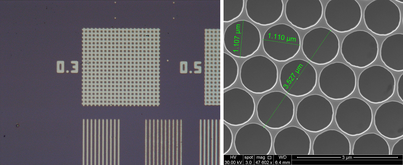 Image des motifs obtenus par les chercheurs grâce aux procédés de photolithographie (à gauche © P. Crémillieu) et de lithographie électronique (à droite © Caillau et al, SPIE, 2018). 
