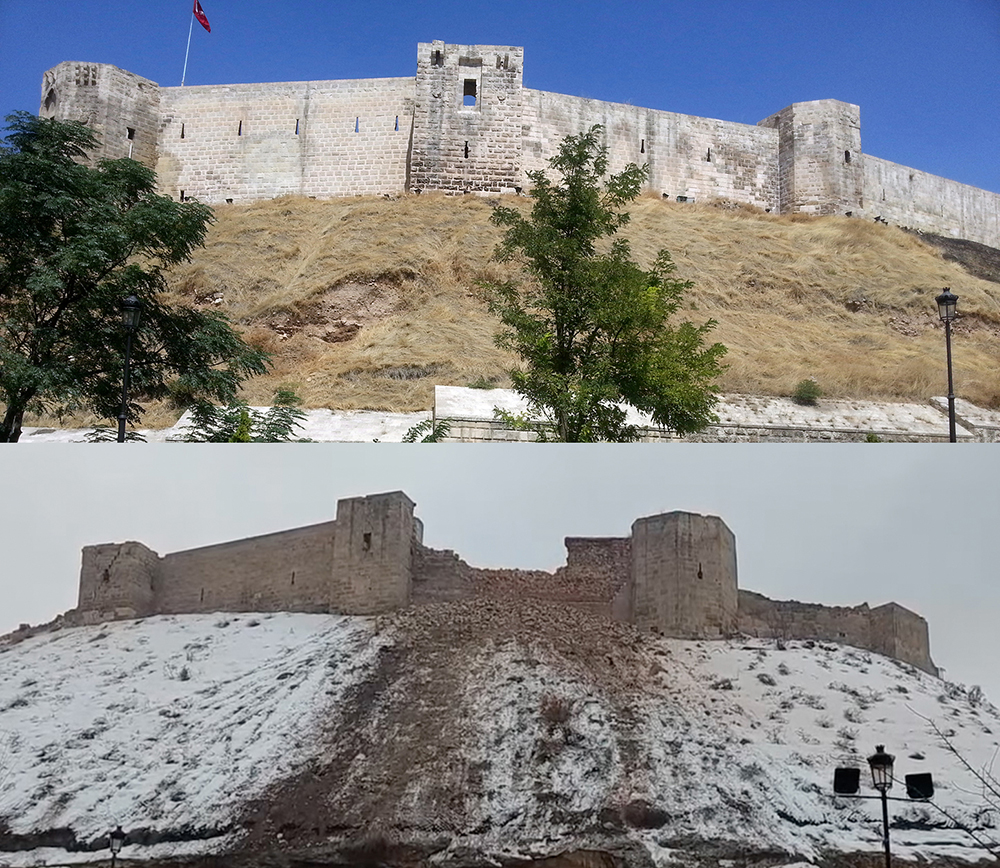 La citadelle de Gaziantep avant et après le séisme (haut © Mevlüt Kiliç CC BY-SA 3.0 ; bas © VOA Turkçe / images Orhan Erkiliç)
