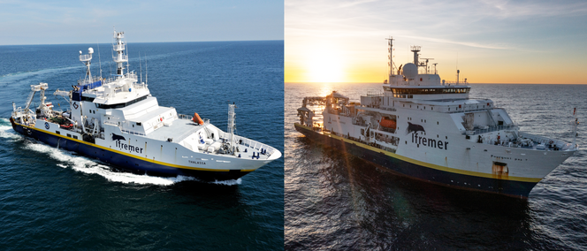 Les navires océanographiques de la campagne APERO; le Thalassa (à gauche) et Le Pourquoi pas ?