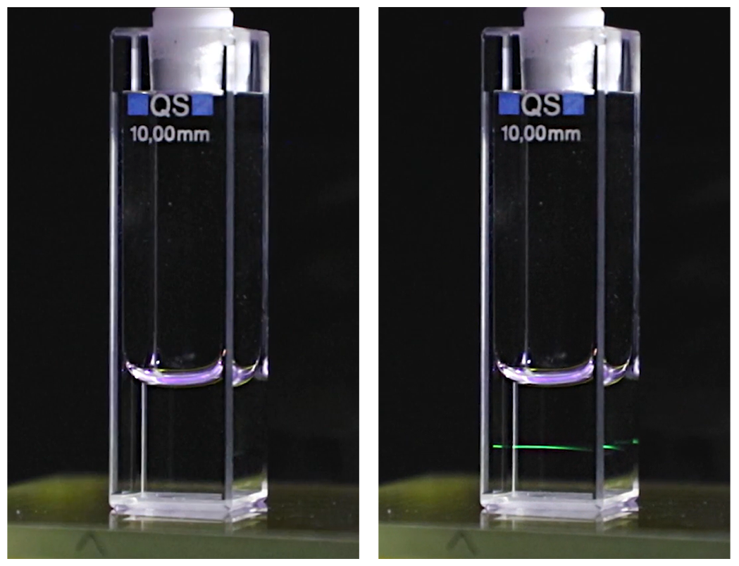 Solution contenant des nano-assemblages moléculaires d’ions Ytterbium éclairée par un faisceau laser infrarouge. Le phénomène de conversion ascendante (upconversion) consiste en l’absorption de plusieurs photons de basse énergie donnant lieu à l’émission d’un photon d’énergie plus élevée. C’est ce qui transforme la lumière infrarouge du laser en lumière verte visible sur ces photos. © Nicolas Busser (Institut pluridisciplinaire Hubert Curien, CNRS)