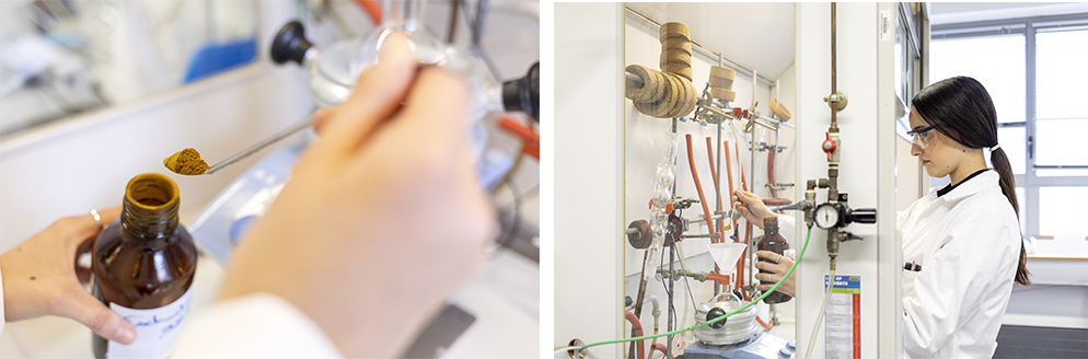 extraction et filtration sous hotte, pour isoler les composés et éliminer les impuretés. © Thomas Lang pour le CNRS Alsace – ANR BIBIFLU et ANR SAPS AActus-II