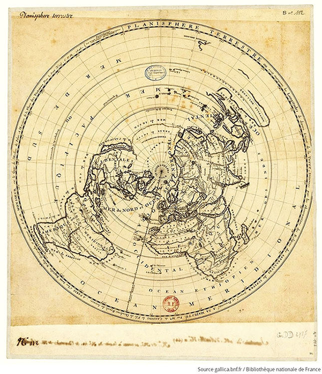 Planisphère terrestre dressé par Jacques Cassini en 1696 à partir des données recueillies par les Mathématiciens du roi au Cap, au Siam et en Chine.