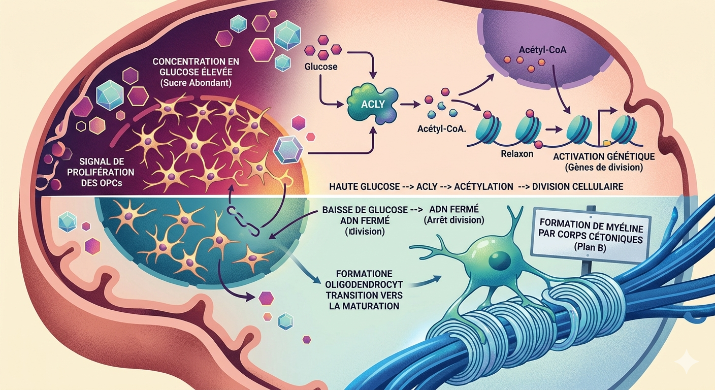  un taux élevé de glucose active l’enzyme ACLY, ouvre l’ADN et stimule la multiplication des cellules OPC. Quand le glucose diminue, les gènes de division se ferment, favorisant la maturation cellulaire et la formation de la myéline, avec les corps cétoniques comme source d’énergie alternative. (Illustration réalisée en partie par IA)