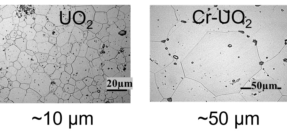 Comparaison entre des grains d’oxyde d’uranium conventionnel (à gauche) et dopé au chrome (à droite). 