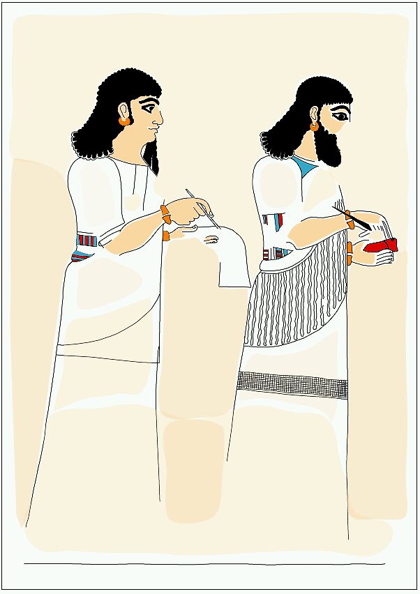 Scribes néo-assyriens. Dessin de Xavier Faivre.