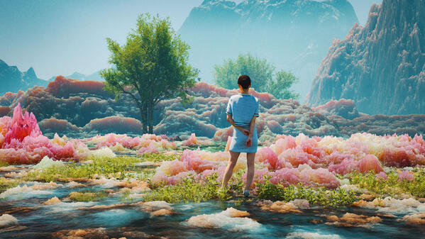 paysage virtuel de montagnes et de végétation aux couleurs acidulées