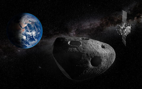 Illustration de la mission Ramsès qui partira en 2028 vers sa cible, l’astéroïde Apophis. © ESA-Science Office  