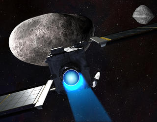 Vue d'artiste de l'impacteur DART s'approchant de l'astéroïde Didymos