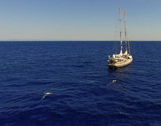 Navire scientifique Tara qui tire des filets derrière lui