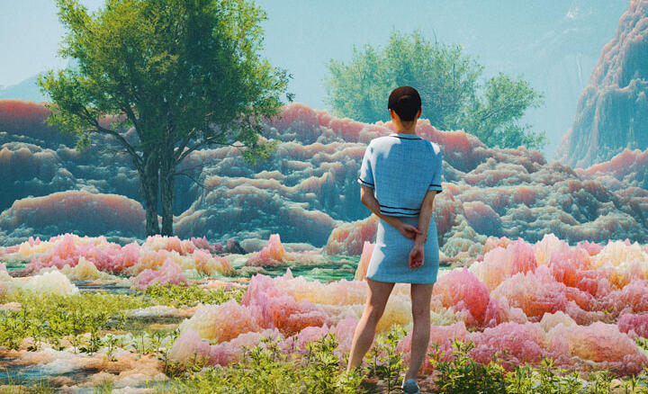 paysage virtuel de montagnes et de végétation aux couleurs acidulées