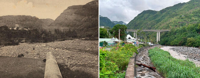 ©Archives départementales de Saint-Denis de La Réunion ; photo © Gilles Arnaud-Fassetta Une carte postale de 1913 comparée à une photo de 2025