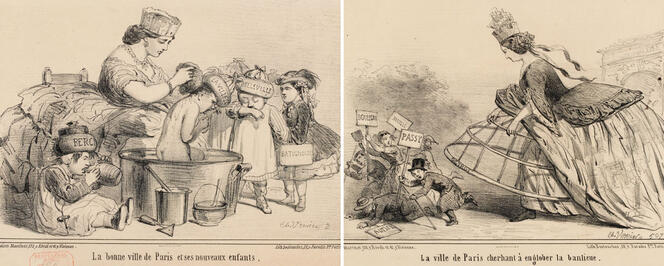 Lithographies de Charles Vernier : caricatures de la ville de Paris (La bonne ville de Paris et ses nouveaux enfants, 1860, et La ville de Paris cherchant à englober la banlieue, 1958). 