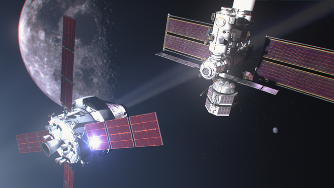 Vue d'artiste du module Orion (à gauche) à l'approche de la future station orbitale lunaire Gateway (à droite).
