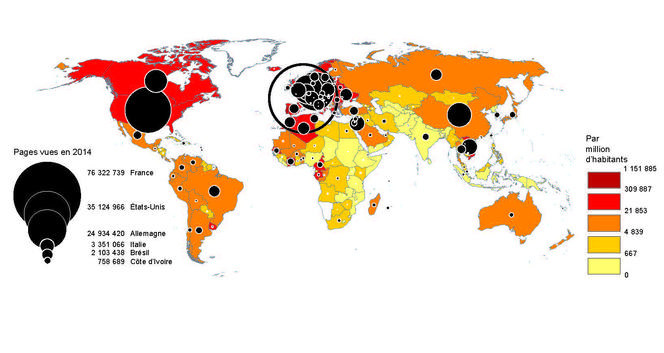 Fréquentation d'OpenEdition dans le monde.