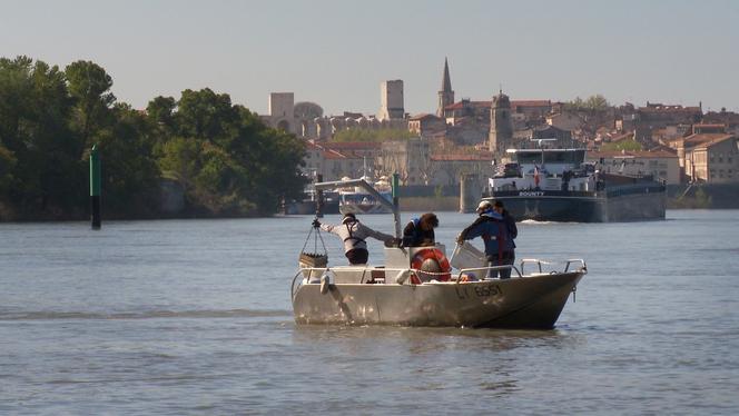 Opération de prélèvement de sédiments dans le Rhône.