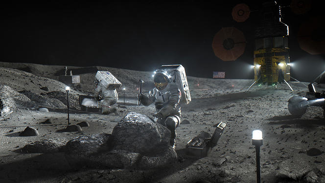 Vue d'artiste d'astronautes de la mission Atemis explorant la surface de la Lune.
