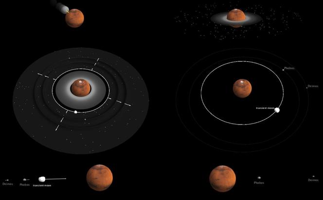 ©A. TRINH/ Observatoire Royal de Belgique Image figurant les six phases de formation des lunes Deimos et Phobos autour de Mars. A. TRINH/ Observatoire Royal de Belgique Partager