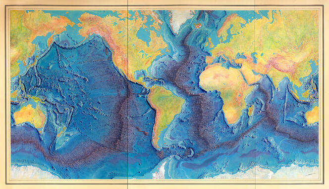 ©Source Library of Congress, Geography and Map Division Carte de Marie Tharp et Bruce Heezen, mise en couleurs par Heinrich Berann en 1977. Source LOC, Geography and Map Division.