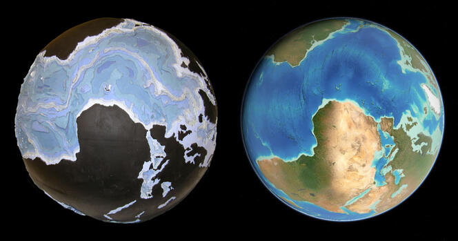 ©Source Library of Congress, Geography and Map Division. Photo Captain Albert E. Theberge, 2006, NOAA Corps ; © 2020-2025, GEBCO, www.gebco.net Comparaison de globes : à gauche, fait par Tharp et Heezen et datant des années 1950, à droite l'actuelle charte bathymétrique des océans