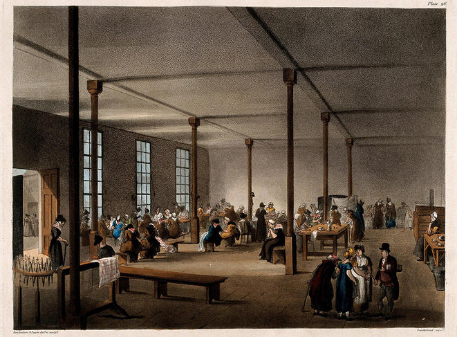©The Workhouse, Poland Street, Soho : the interior. Coloured aquatint by T. Sunderland after A.C. Pugin and T. Rowlandson, 1809. Wellcome Collection