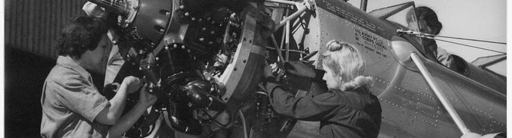 Women working on a plane in the Army Air Corps - Source Franklin D. Roosevelt Library via US National Archives