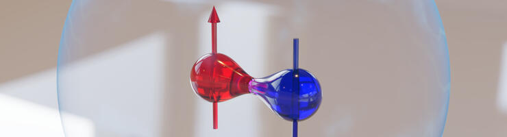 Représentation 3D d’un qubit, brique fondamentale de l’ordinateur quantique. Le qubit (centre) est une superposition de 2 états, spin up (rouge) et spin down (bleu). © Sylvain BERTAINA / IM2NP / LASIRe / FSU / CNRS Images