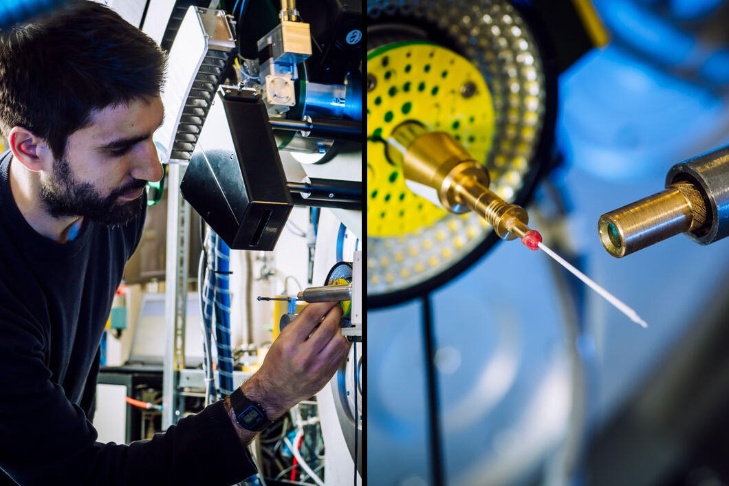 ©Cyril Frésillon / PPSM / ESRF / CNRS Images Installé sur l’une des lignes de lumière du synchrotron (à gauche), le tube de verre est bombardé par des rayons X