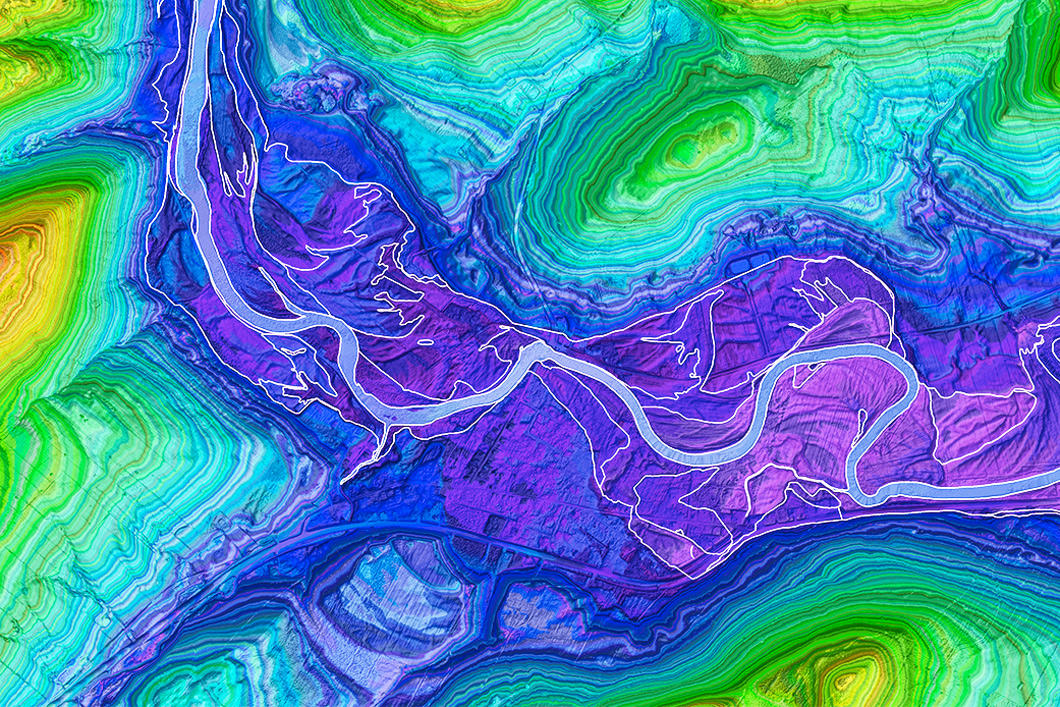 Vue satellite d'une rivière avec relief restitué et couleurs.