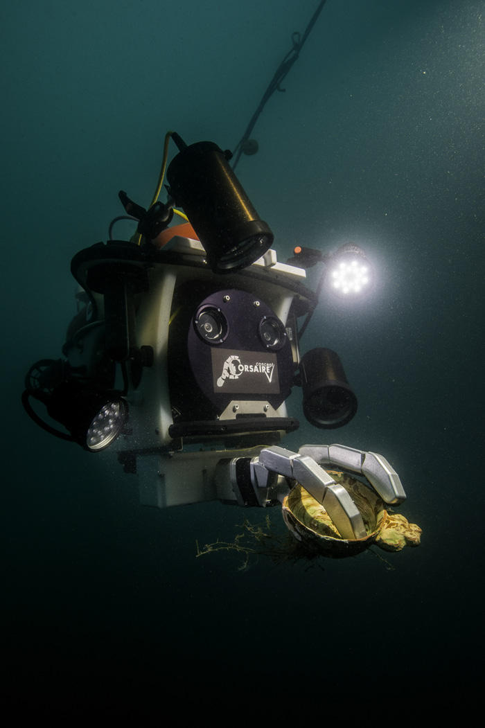 Robot dans une eau sombre. Il tient un objet archéologique dans une pince qu'il éclaire avec sa lampe frontale.