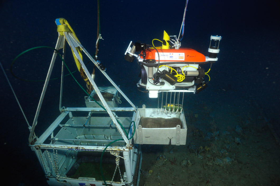 Le robot dépose un objet dans une caisse sous l'eau.