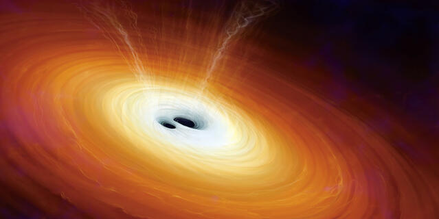 Vue d'artiste de la coalescence de deux trous noirs supermassifs