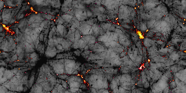 Vue d'artiste des filaments et halos (en jaune) de matière noire qui autour desquels se sont formées les grandes structures de l'Univers (galaxie, amas, etc.)