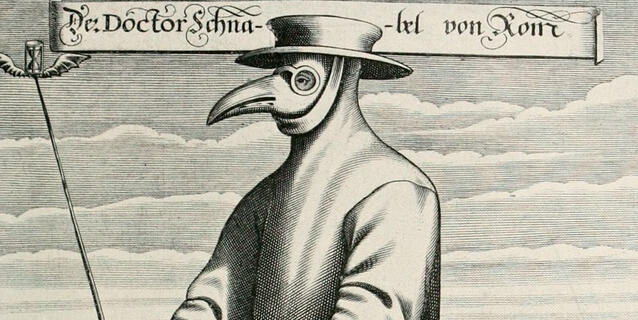 Gravure montrant un médecin masqué pendant l’épidéme de peste à Rome, 1656