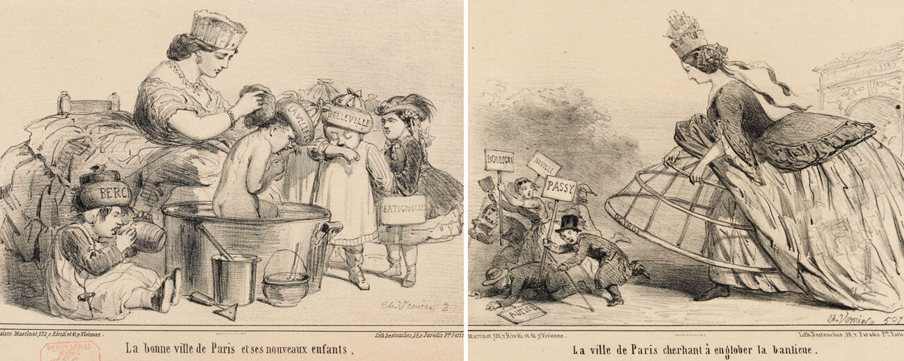 Lithographies de Charles Vernier : caricatures de la ville de Paris (La bonne ville de Paris et ses nouveaux enfants, 1860, et La ville de Paris cherchant à englober la banlieue, 1958). 