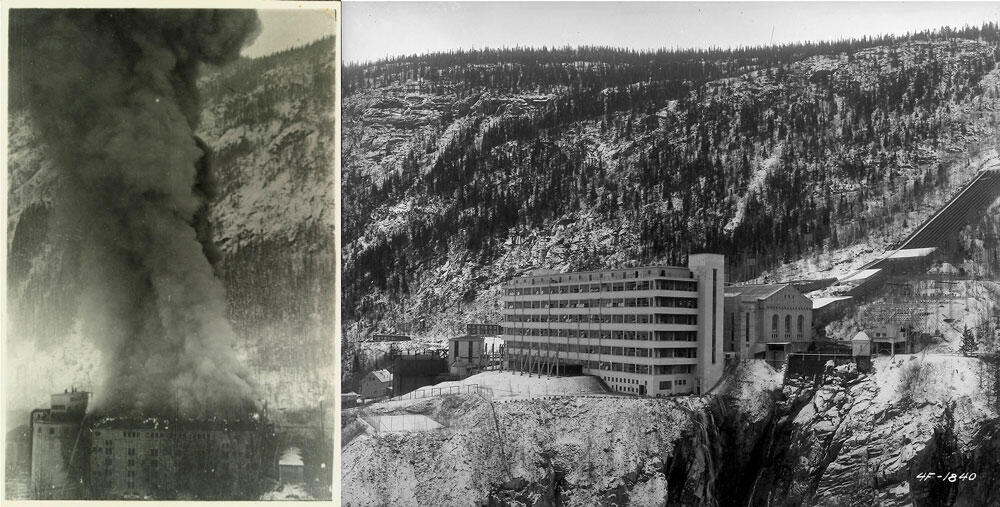 ©Fondation Norsk Industriarbeidermuseum / Coll. Norsk Hydro ASA, CC BY-NC-SA 4.0 deux photos noir et blanc du complexe industriel de Vemork, en Norvège, juste après le sabotage et quelques années avant.