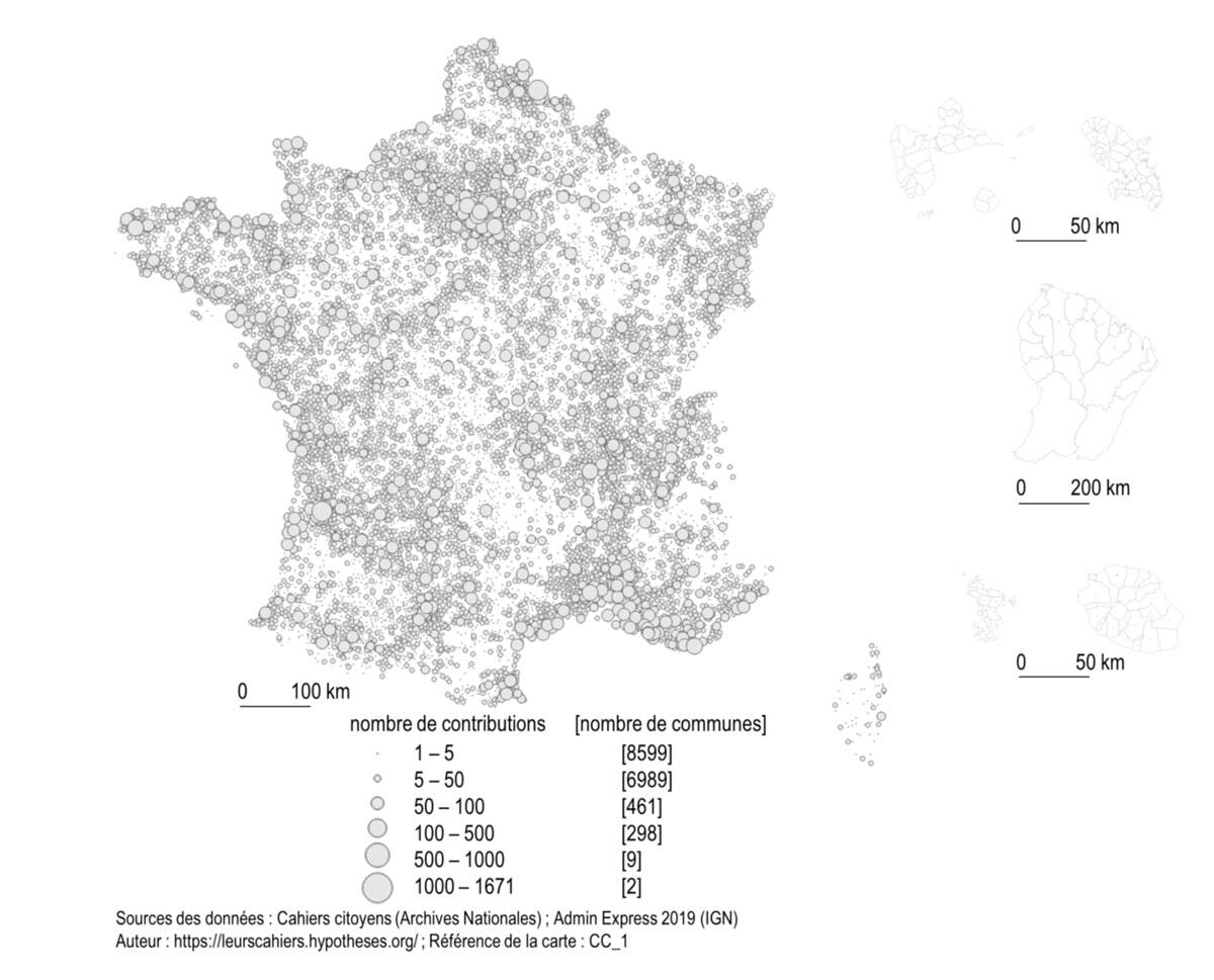 ©Source : L. Jolivet (6 décembre 2023). Cartes des contributions par commune. « Les Cahiers citoyens : Approches croisées ». https://leurscahiers.hypotheses.org/4539 Carte du nombre de contributions par commune