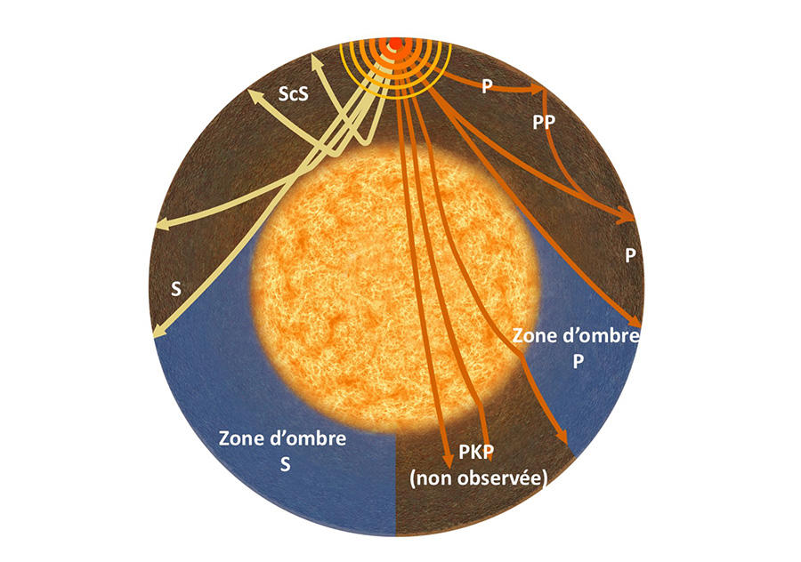 Vue schématique des principales phases sismiques P et S.