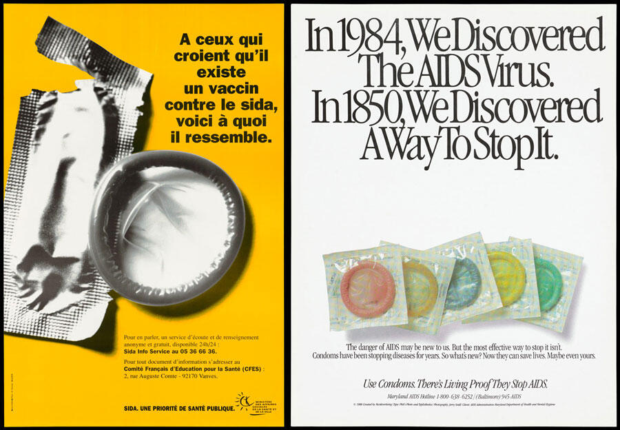 ©The Wellcome Collection (à droite, affiche McAdvertsing (photo de Jerry Seidl) Affiches de campagne pour l’usage du préservatif, en France et aux États-Unis