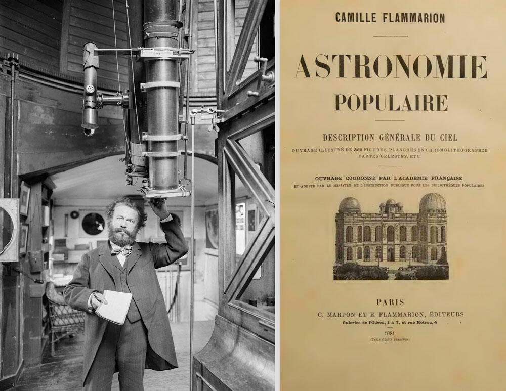 Photo n&b de Camille Flammarion dans son observatoire de Juvisy, en 1907. Et page de son édition 1881.
