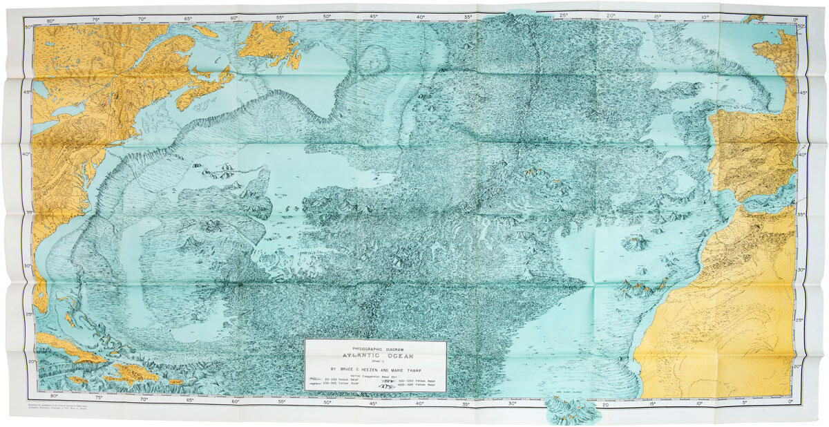 Carte de l’océan Atlantique nord dessinée selon la technique du diagramme physiographique © 1957 Heezen @ Tharp